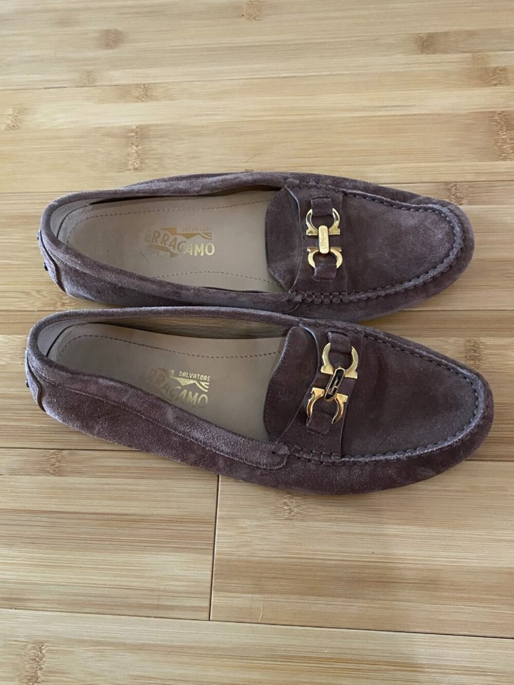 Vintage Salvatore Ferragamo Brown Suede Bit Loafers with Gold